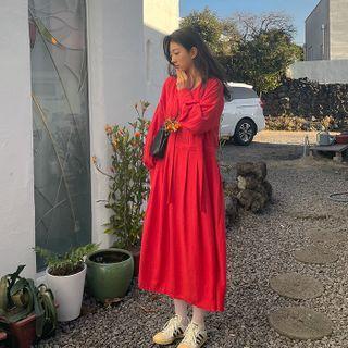 Tie-neck Pintuck Long Dress