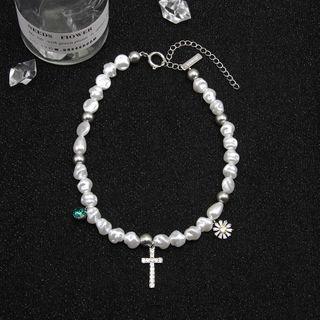 Cross & Faux Pearl Necklace White - One Size