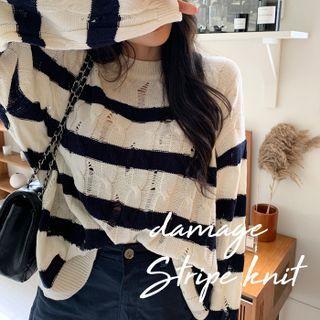 Distressed Stripe Oversized Knit Top