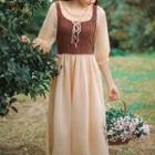 Puff-sleeve Lace Up Midi A-line Dress / Headpiece / Set