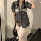 Puff-sleeve Blazer / Plaid Cropped Camisole Top / Midi A-line Skirt