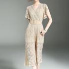 Short Sleeve Cropped Lace Jumpsuit