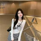 Round-neck Printed Letter Cropped Top / High-waist Plaid Mini Skirt