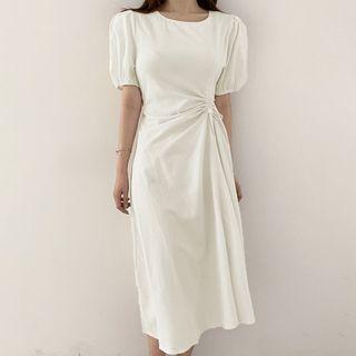 Puff-sleeve Crew Neck Drawstring Plain Midi Dress