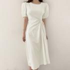 Puff-sleeve Crew Neck Drawstring Plain Midi Dress
