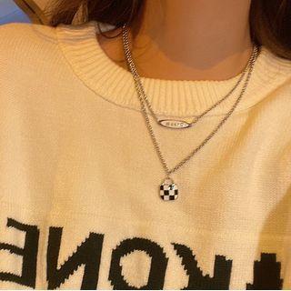 Check Lock Pendant Layered Alloy Necklace Black & White & Silver - One Size