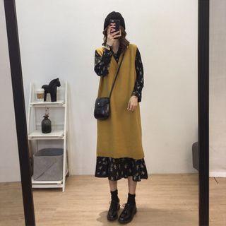 Set: Sweater Vest + Long-sleeve Flower Print Midi Dress