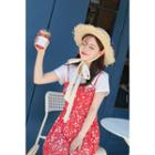 Set: Round-neck Plain T-shirt + Spaghetti-strap Floral Print Dress