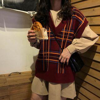 Long-sleeve A-line Minidress / Plaid V-neck Knit Vest