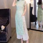 Set: Embroidered Short-sleeve Slit-side Midi Cheongsam + Lace Wide Leg Pants