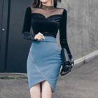 Long-sleeve Velvet Top / Mini Pencil Skirt / Set