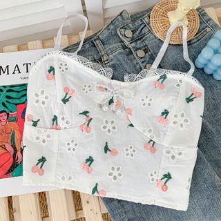Pearl-bow Embroidered Crop Top White - One Size