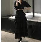 Elbow-sleeve Tie-hem Cropped Blouse / Lace Trim Layered Midi A-line Skirt