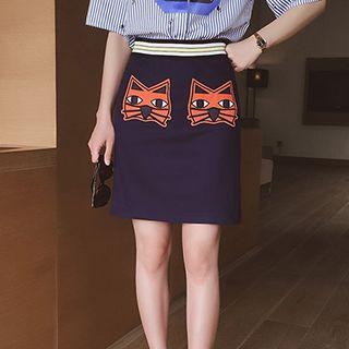 Set: Striped Short Sleeve Shirt + Cat Appliqu  A-line Skirt
