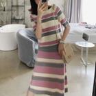 Short-sleeve Striped Knit Top + High-waist Striped Knit Skirt