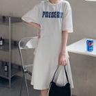 Lettering Lace-up Elbow-sleeve Mini T-shirt Dress