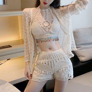 Halter-neck Crochet Lace Top / Knit Shorts / Cardigan
