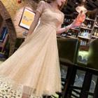 Short-sleeve Sequined A-line Midi Dress