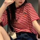 Short-sleeve Striped Cherry Embroidered T-shirt Stripe - Red - One Size