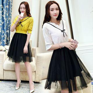 Perforated Elbow Sleeve Tulle Dress
