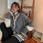 Check Turtleneck Loose-fit Cardigan Dark Blue - One Size