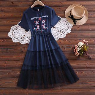 Printed Short-sleeve Mesh Panel Midi A-line Dress