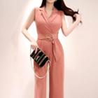 Sleeveless Collared Wide-leg Jumpsuit With Belt