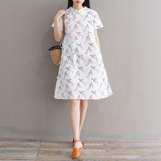 Floral Print Short-sleeve Mandarin Collar Dress