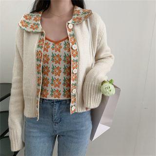 Collared Floral Print Trim Cardigan / Knit Camisole Top