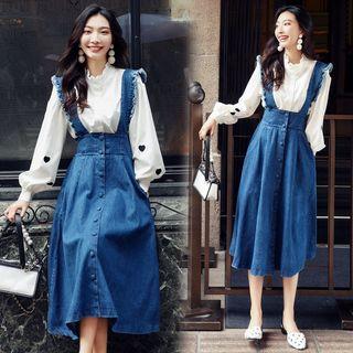 Set: Heart Embroidered Blouse + Denim Midi Jumper Skirt