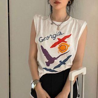 Lettering Bird Print Tank Top / Contrast Trim Shorts