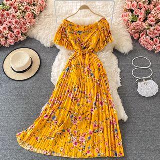 Off-shoulder Floral Print Pleated Dress