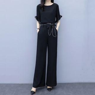 Set: Flared-sleeve Blouse + Bow Accent Wide Leg Pants