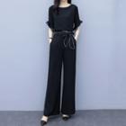 Set: Flared-sleeve Blouse + Bow Accent Wide Leg Pants