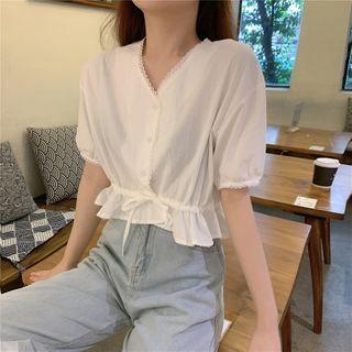Lace Trim Drawstring-waist Puff-sleeve Blouse