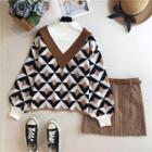 Set: Mock-neck Patterned Sweater + Striped Mini A-line Skirt