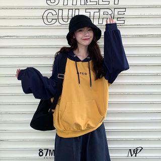 Color-block Loose-fit Hooded Pullover As Figure - One Size