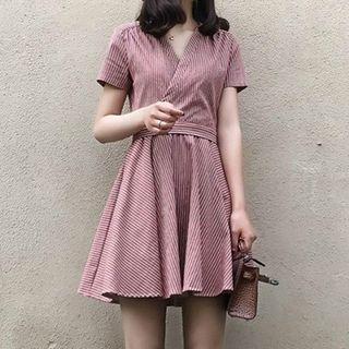 Striped Short-sleeve V-neck A-line Dress