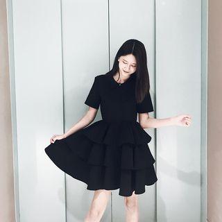 Short-sleeve Tiered A-line Mini Dress