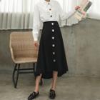 Half-placket Shirt / Buttoned Midi A-line Skirt / Set