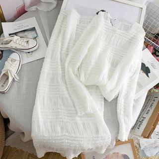 Set : Plain Striped Long-sleeve Top + High Waist Striped Skirt