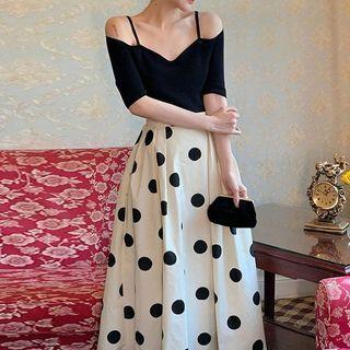 Set: Cold-shoulder Plain T-shirt + Dotted Midi A-line Skirt