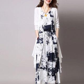 Set: Open-front Coat + Sleeveless Printed Midi Dress