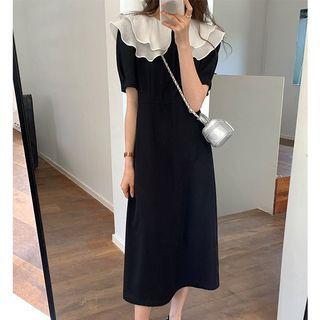 Elbow-sleeve Collar Midi A-line Dress Black - One Size