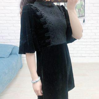 Elbow-sleeve Lace Panel Mini Shift Dress