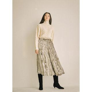 Band-waist Velvet Crinkled Skirt
