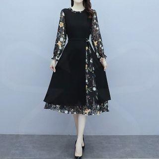 Long-sleeve Floral Panel Slit-side Dress