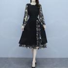 Long-sleeve Floral Panel Slit-side Dress