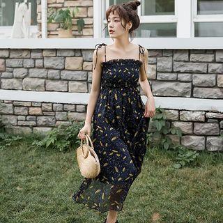 Spaghetti Strap Patterned A-line Midi Dress / Long-sleeve Shirt / Set