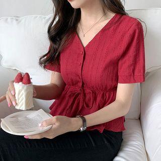Short-sleeve V-neck Drawstring Crop Top